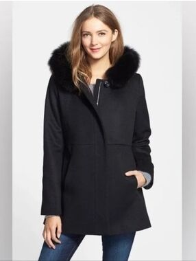Sachi Black Wool Cashmere Fox Fur Hood Coat XL Luxe Winter Designer Outerwear